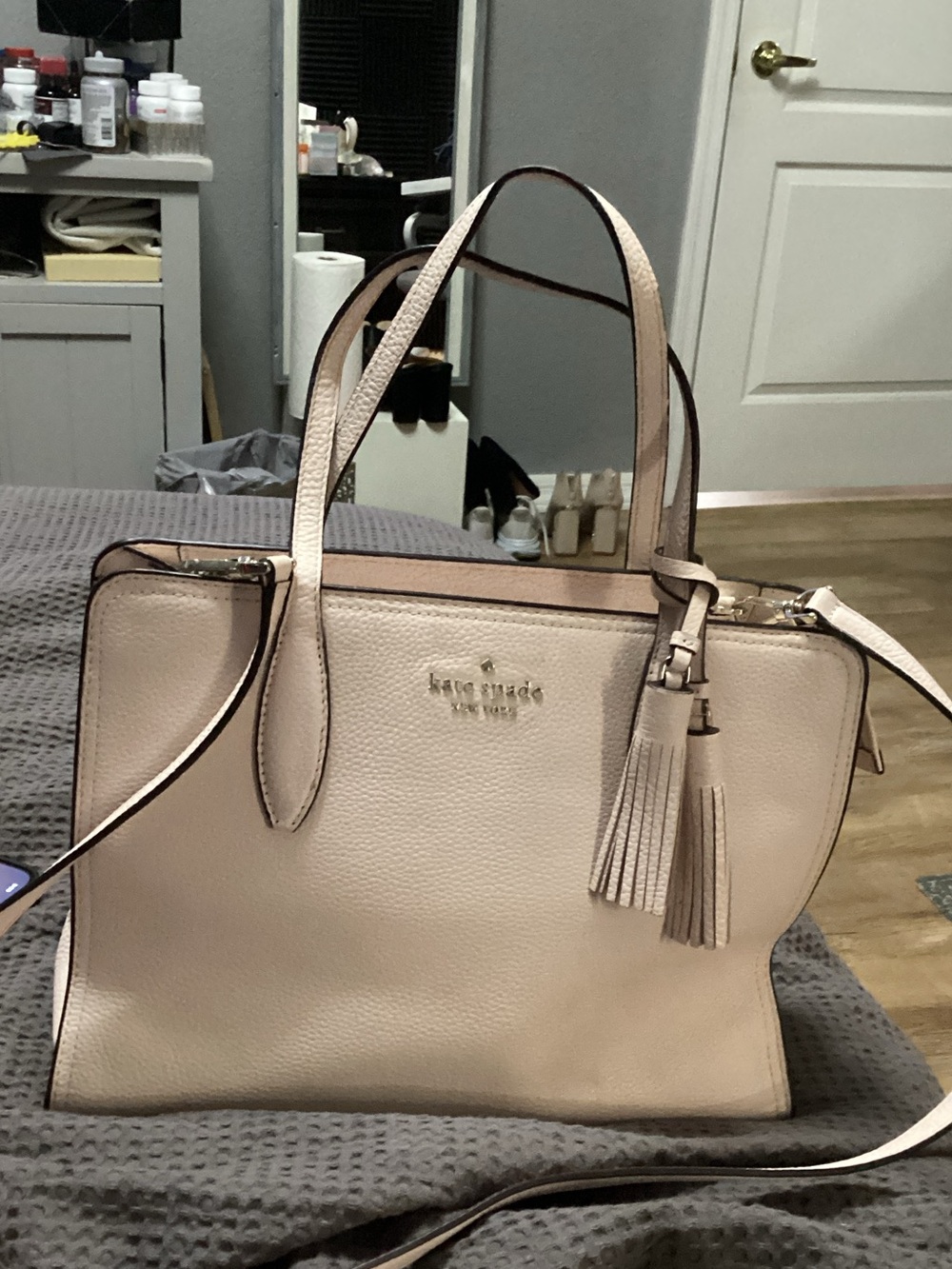 kate spade Pale Pink Pebbled Leather Tote w/Tassels - adj/removable long strap